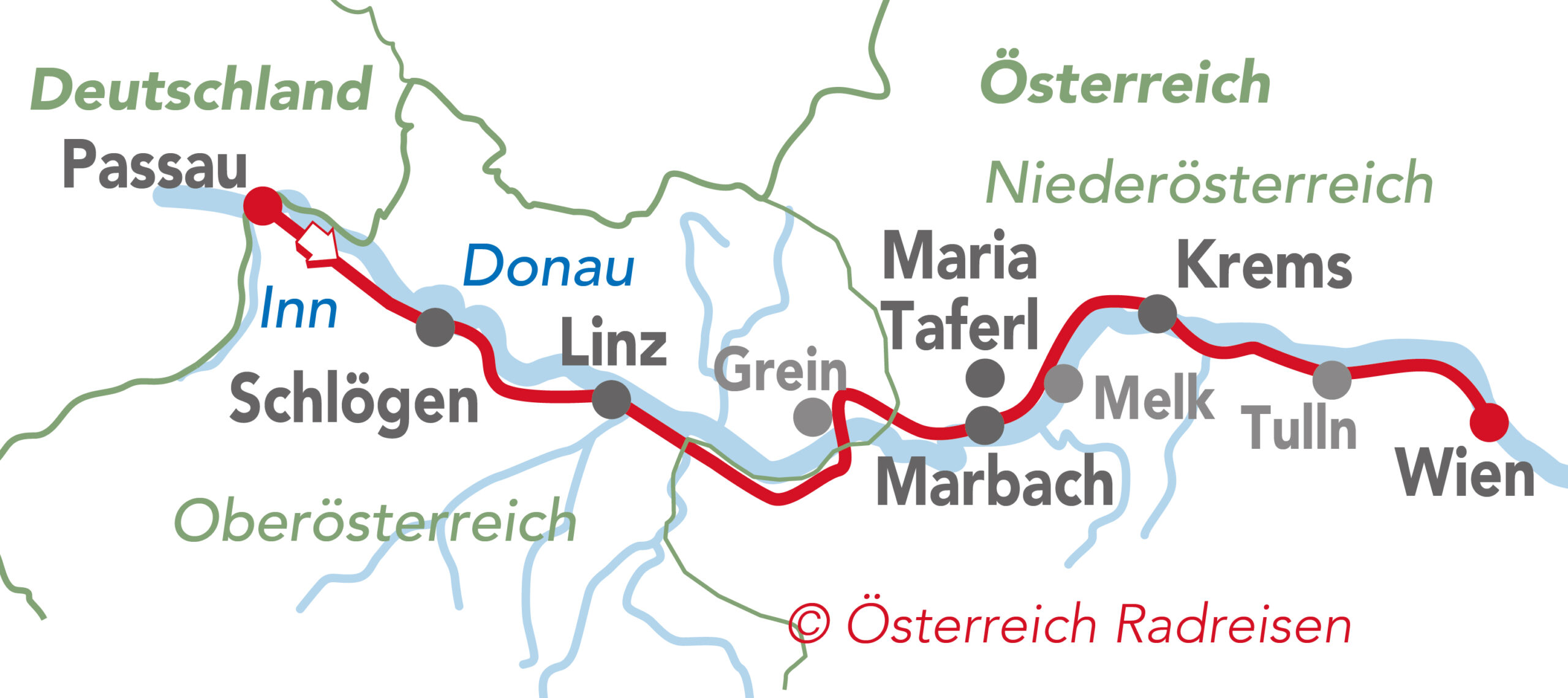 Kolesarski zemljevid Podonavska kolesarska pot, klasična Donavska kolesarska pot Passau Dunaj (c) kolesarske ture po Avstriji